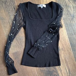 Madden Girl Black Rib Knit Top with Sheer Pearl-Embellished Sleeves